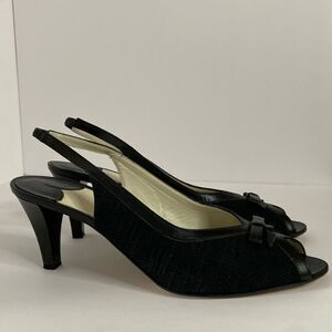 Vintage Amalfi peep toe sling back heels black textured fabric